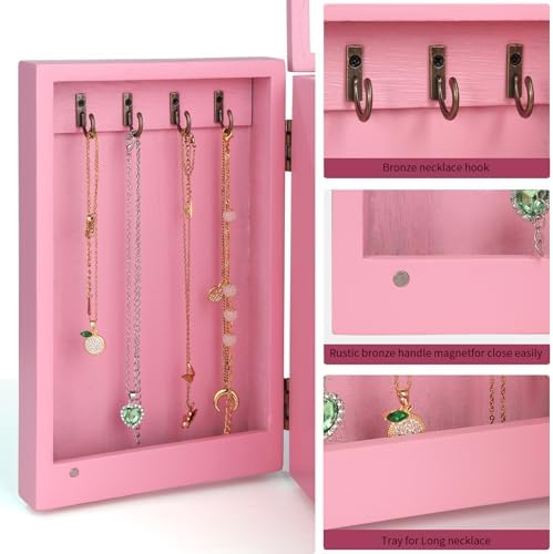 Meangood Jewelry Box Wood for Women, 5-Layer Large Organizer Box with Mirror & 4 Drawers for Rings, Earrings, Necklaces, Pink - Image 5