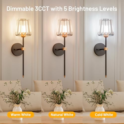 Crystal Battery Operated Wall Sconces Set of 2, Black and Gold Rechargeable Wireless Wall Lights with Crystal Lampshade, 12 RGB and 3CCT Dimmable Wall Lamps with Remote for Bedroom Living Room Hallway - Image 7