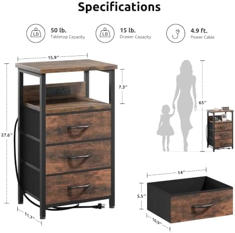 Lazzanto Night Stand with Charger Station, 3 Fabric Drawers, Brown - Image 2