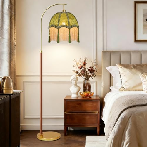 Wood Floor Lamps for Living Room Vintage Gold Floor Lamp with Remote Control & 3 Color Temperature,Dimmable Floor Lamp Mid Century Modern Standing Lamp Green Fringe Tall Floor Lamp for Bedroom Corner - Image 6