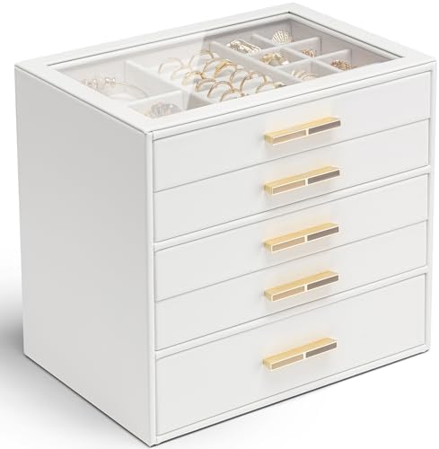 VLANDO 5 Layer Jewelry Box for Women, Glass Lid Jewelry Organizer with 5 Drawers for Necklaces Rings Earrings Bracelets - White by VLANDO