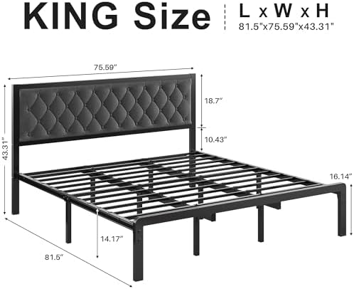 Fluest King Bed Frame with Headboard Linen Upholstered Bed Frame Platform,All Metal Slats Support Platform Bed Frame with Storage Space,Easy Assembly,Noise Free,No Box Spring Needed,Grey - Image 2