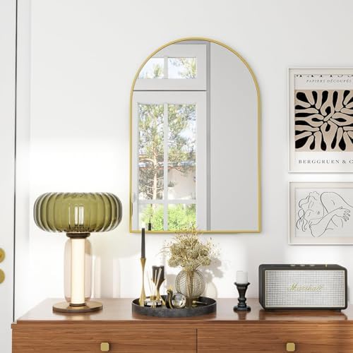 VooBang Arched Wall Mirror, 20 x 30 inch Arch Bathroom Mirror, Wall Mounted Vanity Mirror with Arch Metal Frame, Modern Bathroom Vanity Mirror for Bedroom, Living Room, Hanging or Leaning, Gold - Image 3