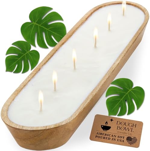 Dough Bowl Candle Co. Santal and Coconut Soy Candle - 6 Wick Rustic Farmhouse Coffee Table Decor, Odor Eliminator in Wooden Bowls, 32 Oz Wooden Dough Bowl Candle, All-Natural Gifts for Women and Men by Dough+Bowl+Candle+Company
