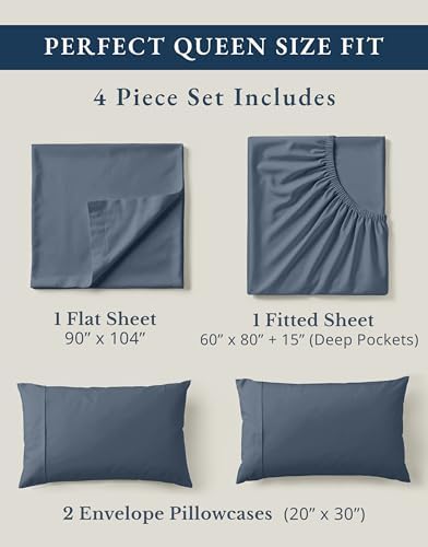 LANE LINEN Queen Bed Sheet Set 100% Organic Cotton 4pc Soft - Estate Blue - Image 4