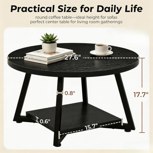Coffee Tables for Living Room, 27.6" Round Coffee Table, Black Coffee Table - Image 3