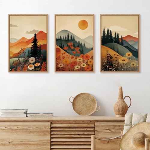 LHIUEM Large Boho Mountain Sunset Framed Canvas Wall Art Set, Pine Tree Flowers Wall Decor, Nature Landscape Forest Artwork for Living Room,Bedroom,Dining Room,Office -24"x36"x3 - Image 3