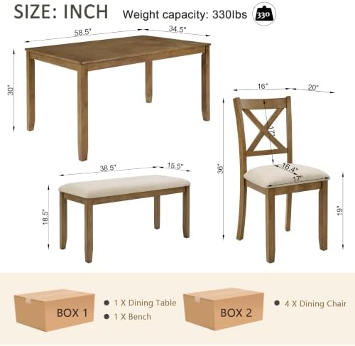 Harper & Bright Designs Complete 6-Piece Oak Dining Set –58.5" Rectangular Table + 4 X-Back Chairs + Upholstered Bench,Solid Rubberwood Frame,Farmhouse Style,Seats 6 - Image 2