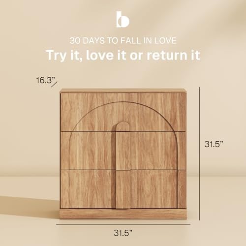 BELLEZE Sideboard Cabinet with 3 Drawers, Set of 3 Modern Wood Buffet Cabinet with Arc Design, Large Fluted Sideboard with Storage for Kitchen Living Room Entryway, Camel - Image 2