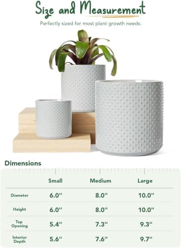 LE TAUCI 10+8+6 Inch Ceramic Pots for Plants, Indoor Planters with Drainage Hole and Plug, Raised Dots Cylinder Flower Pots Set of 3 for Office and Living Room, Glossy, Star Gray - Image 5