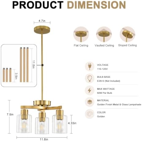 3 Light Brass Gold Dining Room Chandelier, Modern Industrial Pendant Light for Kitchen Island, Adjustable Height Hanging Ceiling Light Fixture with Clear Glass Shades,E26 Base,Dimmable - Image 3