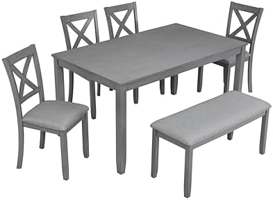 Merax 6-Piece Solid Wood Dining Table Set, Wooden Legs, Gray - Image 4