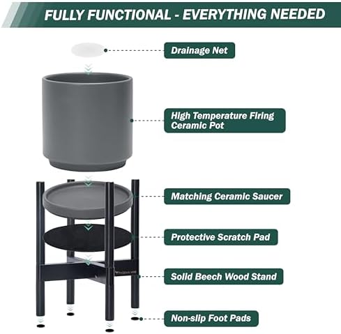 D'vine Dev Ceramic Pot with Ebony Wood Stand, Grey, 14 in, 55-B-S-3 - Image 5