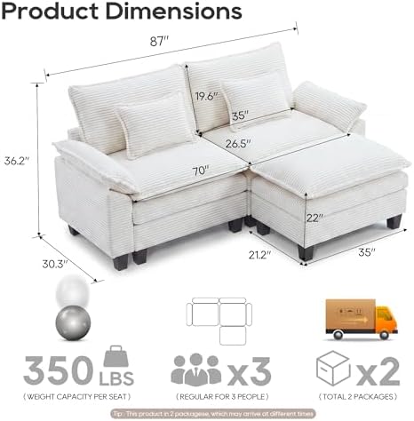 URRED Oversized Modular Sectional Sofa，Solid Beige：87" L Shaped - Image 2