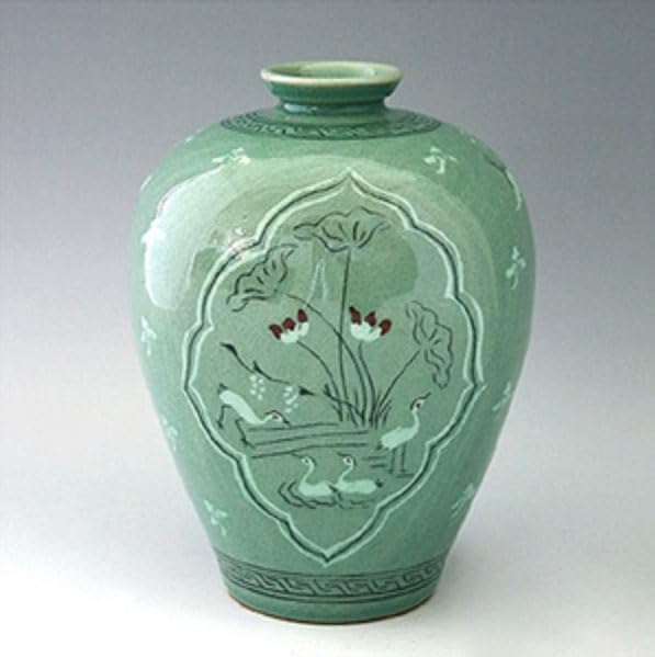 Korean Celadon Glaze Semi-Round Inlaid Lotus Flower Pond Inlay Design Green Decorative Porcelain Ceramic Pottery Home Decor Accent Vase - Image 2