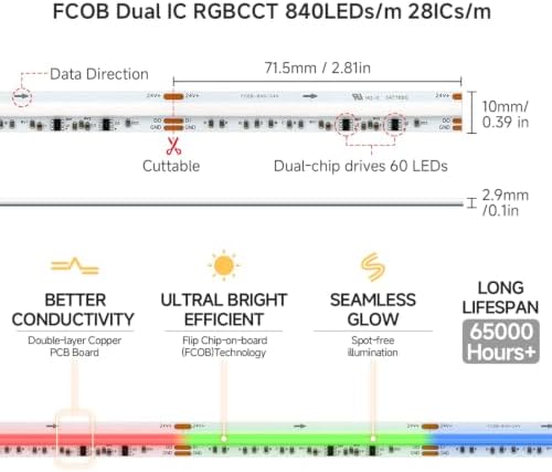 BTF-LIGHTING 24FT WS2811 Dual IC Chasing RGBCCT DC24V COB LED Strip Light - Image 5