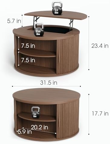 JOINICE Round Lift Top Coffee Table with Storage for Living Room,Walnut - Image 2