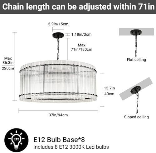 37" Modern Black Round Chandeliers,2-Tier 8-Light Water Ripple Crystal Glass Chandelier,for Dining Room,Living Room,Bedroom,High Ceiling,Foyer Entryway,Luxury Adjustable Hanging Chandelier - Image 5
