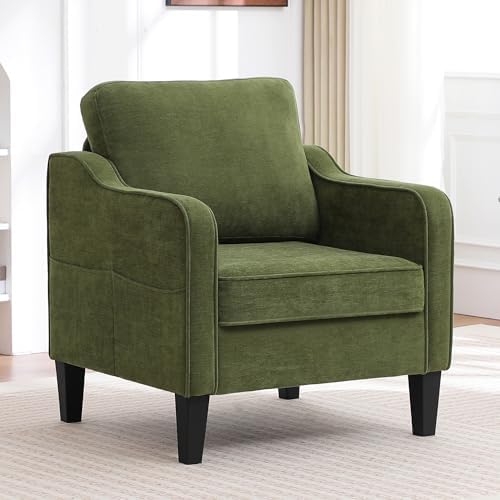 Accent Chair for Living Room, Mid Century Modern Reading Chair for Bedroom, Upholstered Armchair with Side Pockets, Comfy Single Sofa Side Chair for Office, Apartment, Small Room, Olive Green by choairy
