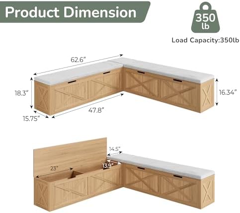 Bobve L-Shape Storage Bench with Cushion, Backless Corner Dining Bench, Kitchen Dining Nook Bench with Hidden Storage for Dining Room, Kitchen, Entryway (Wood+White) - Image 2