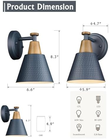 FEMILA Modern Wall Sconces Set of 2, 1-Light Wall Lighting Bathroom Sconces Single Vanity Light, Hammered Metal Shade, Dark Blue,4FG59B-2 Blue - Image 2