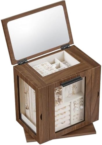 HOOBRO 360° Rotating Jewelry Box with Mirror, Wooden Jewelry Organizer Box by HOOBRO