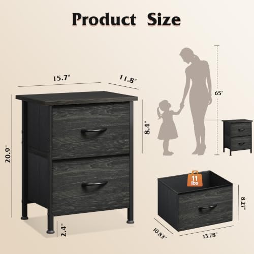 WLIVE Night Stand, Small Dresser with 2 Drawers & Wooden Top, Nightstand with Fabric Bins, Bedside Table End Table for Bedroom, Closet, Entryway, College Dorm, Charcoal Black - Image 3