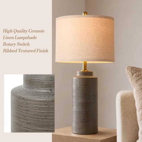 PARTPHONER 27" Vintage Ceramic Table Lamp Set of 2, Rustic Farmhouse Bedside Lamps with Ribbed Textured Finish, Greyish Brown Earth Tone Nightstand Lamps for Living Room Bedroom End Tables Home Decor - Image 3