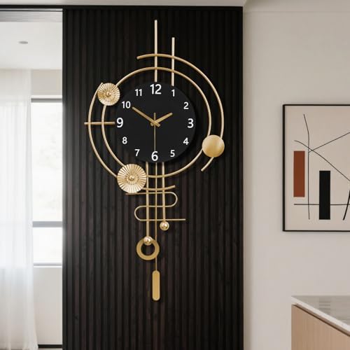 Wall Clock,Silent Quartz Movement Battery Operated with Pendulum,Oversized Metal Modern Large Wall Clocks for Living Room Bedroom Farmhouse Office Kitchen Home Wall Decor-15.3x31.1Inch(Golden Black) by Unknown