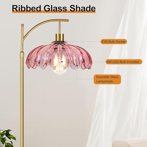 Gold Arc Floor Lamp for Living Room Bedroom,Mid Century Modern Standing Lamp with Remote,Dimmable Brass Tall Lamp Pink Flower Glass Lamp,Adjustable Vintage Floor Lamps Floor Light for Corner Office - Image 4