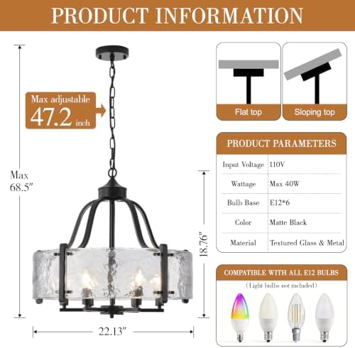 Water Textured Glass Chandelier, 22 " Black Round Dining Room Light Fixture - Image 4
