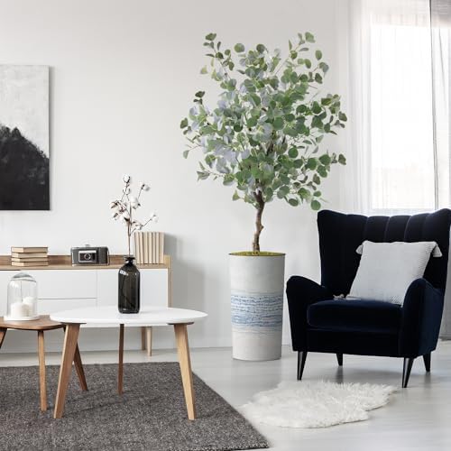 Artificial Tree in Blue Gray Industrial Line Pattern Planter, Fake Eucalyptus Silk Tree for Indoor and Outdoor Home Decoration - 66" Overall Tall (Plant Pot Plus Tree) by SIGNWIN