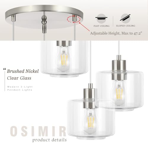 Brushed Nickel Dining Room Chandelier Light Fixture, 3-Light Pendant Lighting with Clear Glass, Modern Kitchen Island Cluster Hanging Pendant Lights for Kitchen Dining Room, OS-YQ8153-3BNC - Image 2