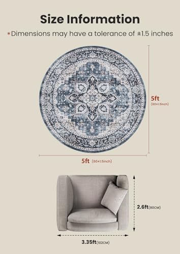 Amada Round 5x5 Washable Area Rug for Living Room, Blue, Vintage Style - Image 2