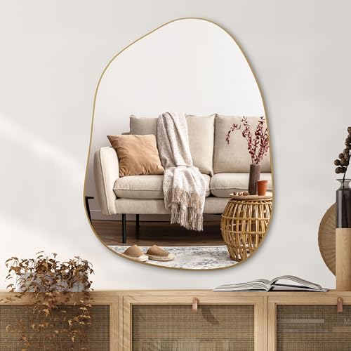 PERFNIQUE Irregular Asymmetrical Wall Mirror, 32"x24" Gold Bathroom Mirror by PERFNIQUE