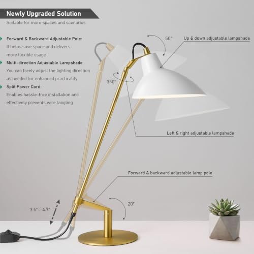 Desk Lamp Modern Industrial 100% Metal Adjustable Table Lamp 24", Natural Light (4000K) with Dimmer, Ideal for Office Bedroom Study Room Living Room Nightstand Bedside Lamps White+Brass - Image 3