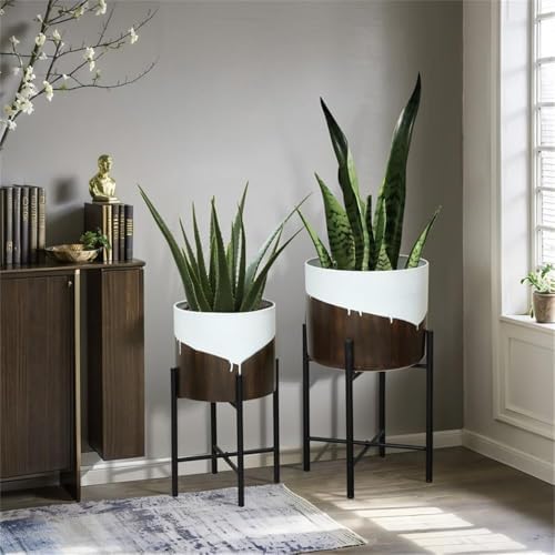 LuxenHome Large Planters with Black Metal Stand, White and Brown, Set of 2 - Image 2