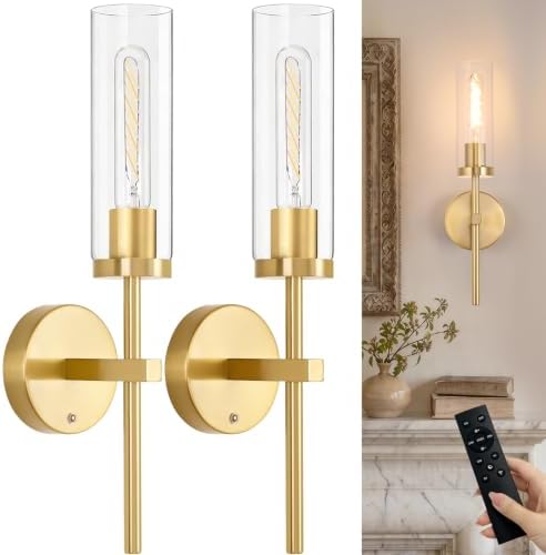 Shenmoyl Battery Operated Wall Sconces Set of 2, Gold Rechargeable Wall Lighting Fixtures, Dimmable Wall Lights with Remote & Clear Glass Shade for Living Room, Bathroom,Bedroom by Shenmoyl