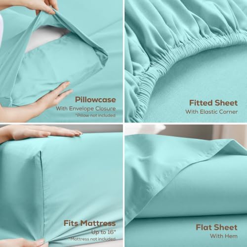 Twin Sheets Set, 3 Pieces 16" Deep Pocket Hotel Luxury Bed Sheets, Spa Blue - Image 3