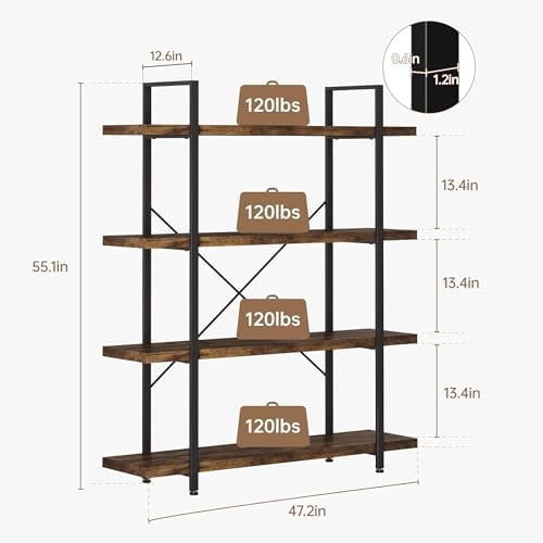 2PCS Heavy Duty 4 Tier Industrial Bookcase for Home Office, Rustic Brown - Image 2