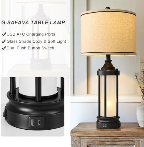 25'' Table Lamps for Bedroom Living Room Lamps Set of 2 Farmhouse Nightstand Bedside Lamps with USB Ports, Built-In Frosted Glass Night Light Industrial Metal Night Stand Lamp, Bulbs Included, Black - Image 3