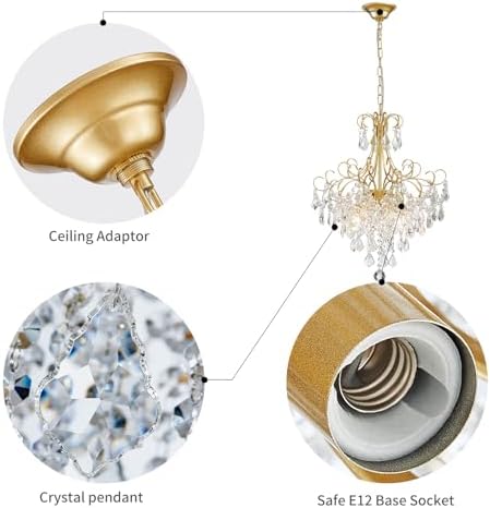 WUZUPS Crystal Chandelier 5-Light Pendant Ceiling Light Modern Lighting Fixture for Dining Room Hallway Bedroom Kitchen Bathroom, H 22.4" x W 18.3", E12 Base, Gold - Image 3