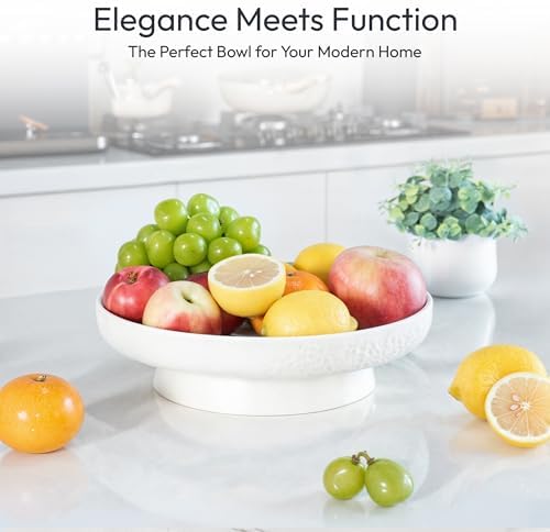 Granite Inspired Matte White Fruit Bowl | Wide, Shallow Textured Pedestal Bowl | 11 Inch Unique Centerpiece for Table or Decor for Entryway Table - Image 5
