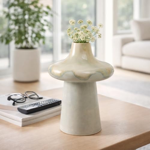 Modern Mushroom Vase for Living Room and Home Decor - Decorative Flower Vase Accent with Earthenware Pottery Design - Decorative Table Accent for Bedroom, Room, House and Office Display - 12”, Blue by NESSANDJORD