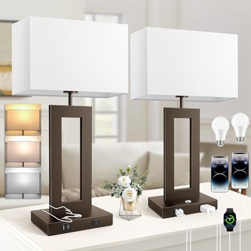 3 Color Temperatures Brown Table Lamps for Bedrooms Set of 2, 22’’ Touch Control Bedside Nightstand Lamps with 2 USB Ports & AC Outlet, Modern Lamp Sets for Living Room, Stepless Dimming, White Shade by Kondras