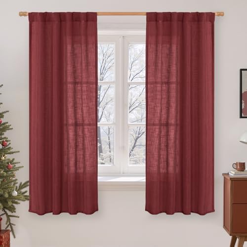LAMIT Burgundy Red Semi Sheer Window Linen Curtains 63 Inch Length by LAMIT