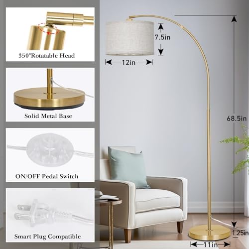 DWTB Gold Arc Floor Lamp for Living Room, Floor Lamp with Adjustable Drum Lampshade, Modern Tall Standing Lamp with Foot Switch, Over Couch Arched Pole Lamps for Reading Bedroom, 8W LED Bulb Included - Image 3