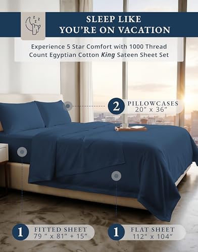LANE LINEN King Size Sheets Deep Pocket Set Sateen Weave - Estate Blue - Image 2