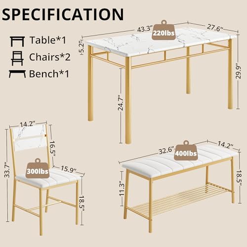 IRONCK Dining Table Set for 4, Kitchen Table and Chairs Set, White & Gold - Image 2