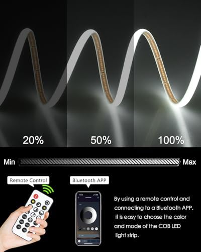 Outdoor COB LED Lights Strip Waterproof 24V 65.6FT 6000K Daylight White Dimmable Flexible COB LED Tape Light with Remote Bluetooth 320LED/M Super Bright Adhesive for Cabinet Courtyard (20M/2roll) - Image 5